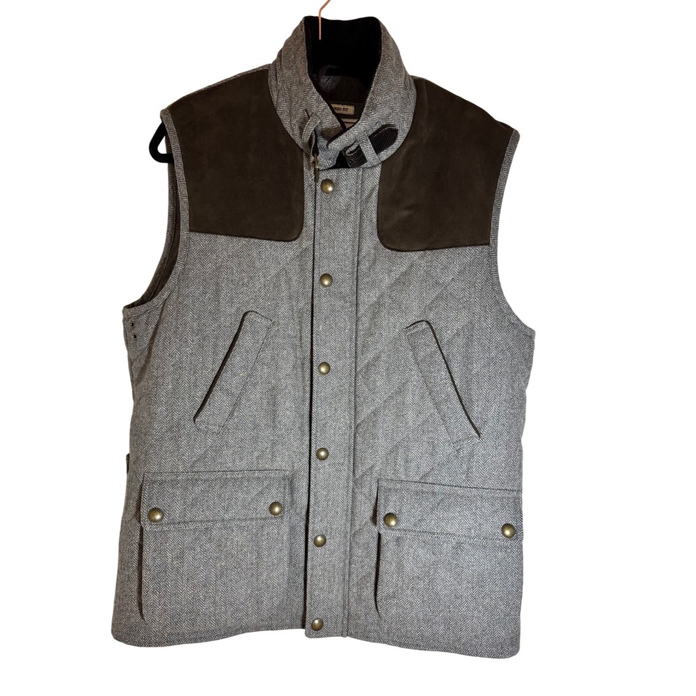 JOS A‎ BANK Vest Quilted Herringbone Tweed Suede Trim Tailored Fit Size L